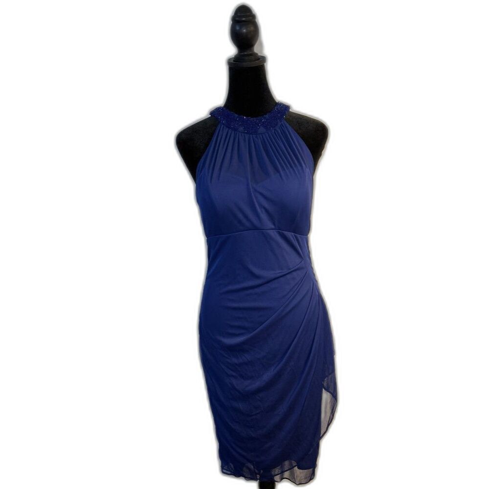 Vintage Cache Royal Blue Beaded Halter Cocktail Dress — Embellished Neckline